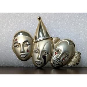 Vintage AJC Signed Triple Clown Gold Tone Enamel Theater Mask Faces Brooch Pin